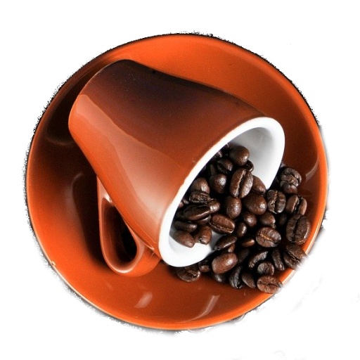 Brown coffee cup laying on its side on a saucer with coffee beans spilling out of the cup